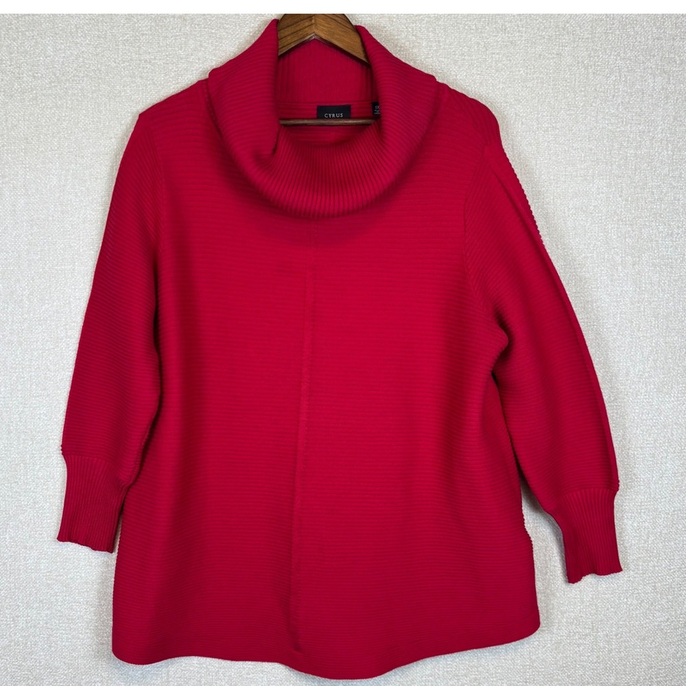 Cyrus Womens Size 1X Red Cowl Neck Ribbed Knit Sweater Pullover Winter Holiday - Picture 1 of 8